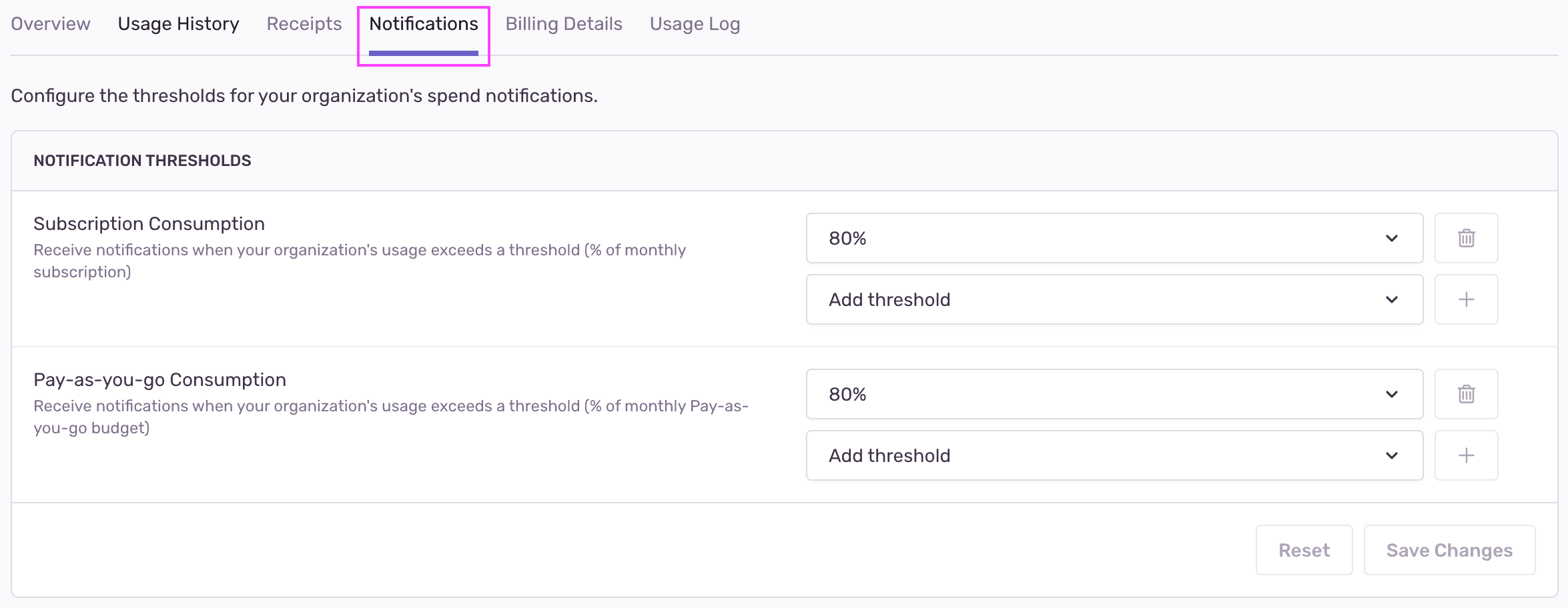 Notifications tab of Subscription settings page